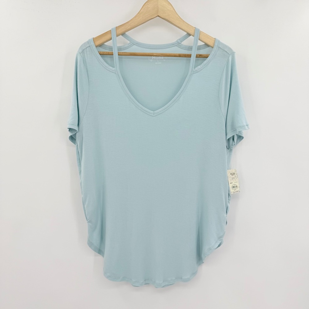 Mudd Women Cold Clavicle Tee Light Blue V-Neck Cutout Short Sleeve Top Large NWT